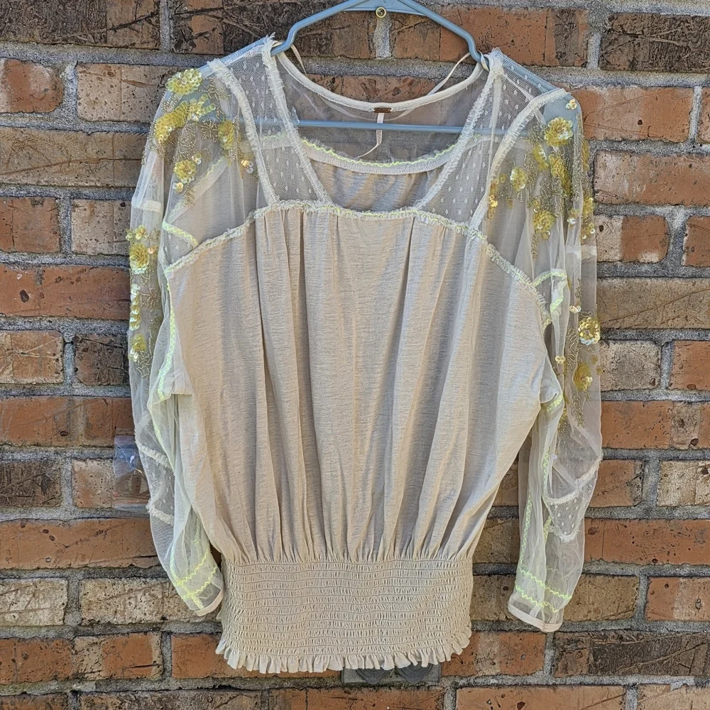 Free People Cream Blouse with Gold Embroidery